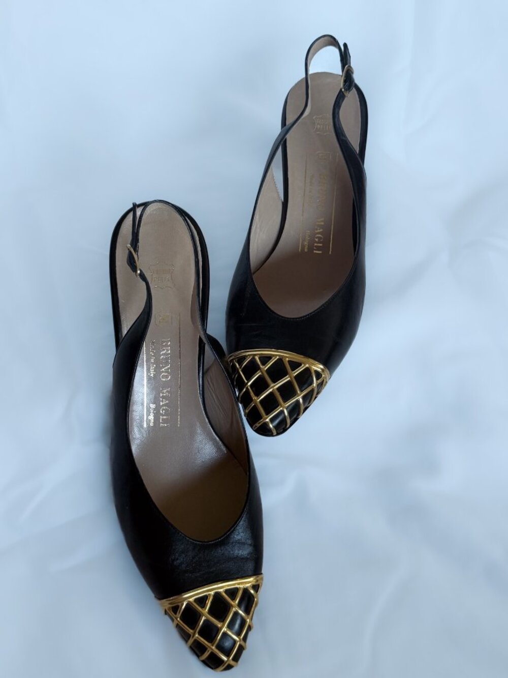 Bruno Magli Black Slingback with Gold Cage Toe Made in Italy